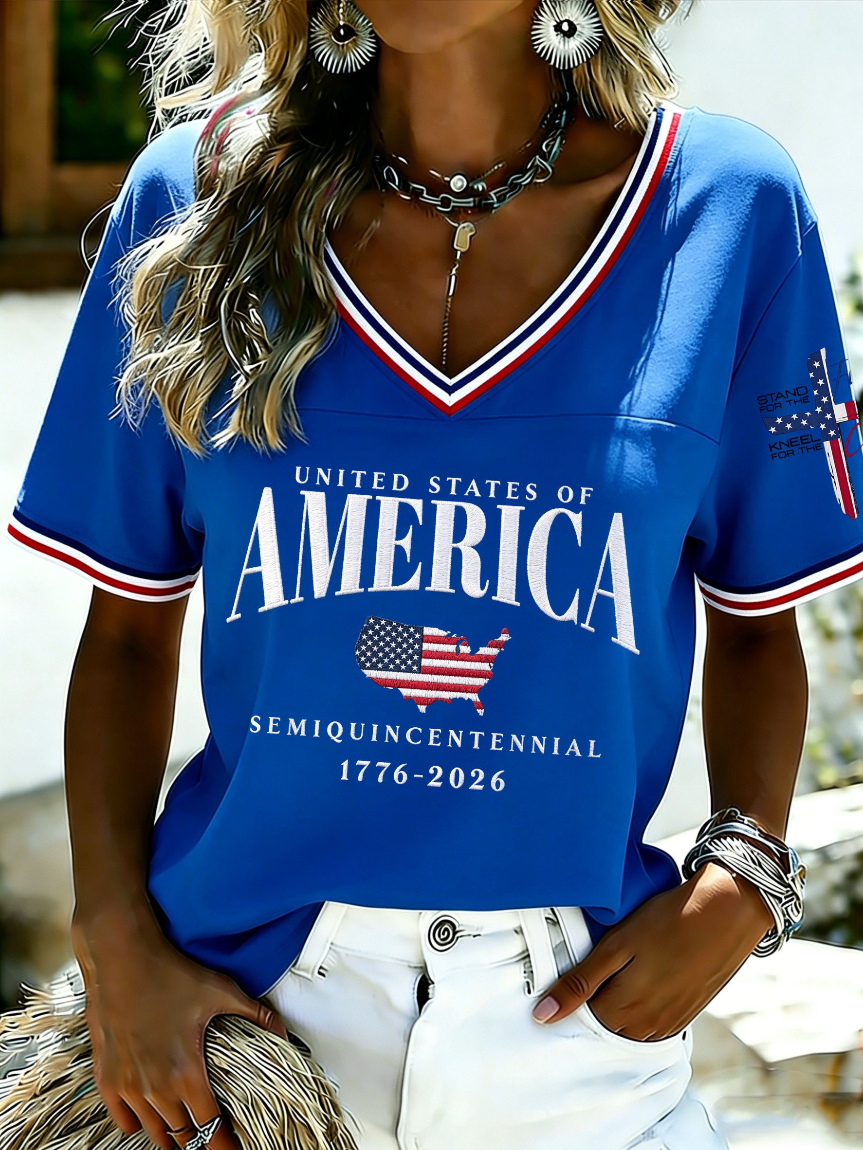 Women's U.S. 250th Anniversary Commemorative Printed V-Neck Top