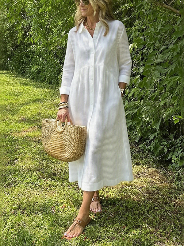 NEW🔥 Long Sleeve Striped Lapel Button Down Dress