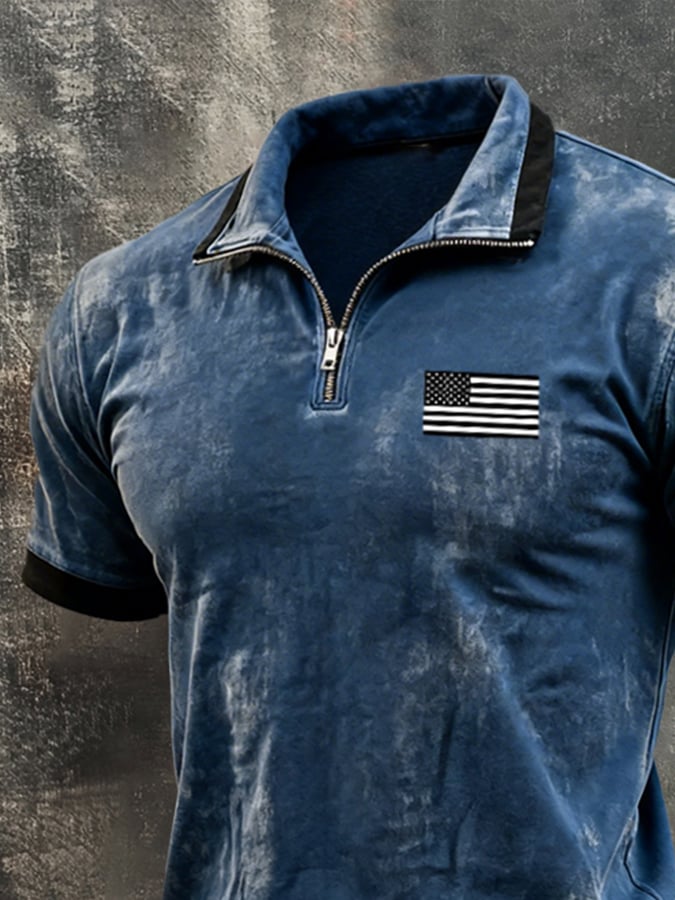 Men's Retro-Print, Color-Block "Patriot" Casual Short-Sleeve Polo Shirt
