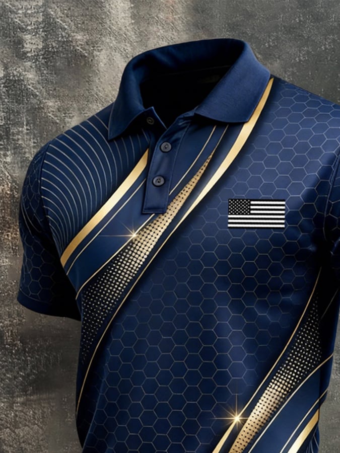 Men's Retro Patriot Color Block Polo Collar Short Sleeve