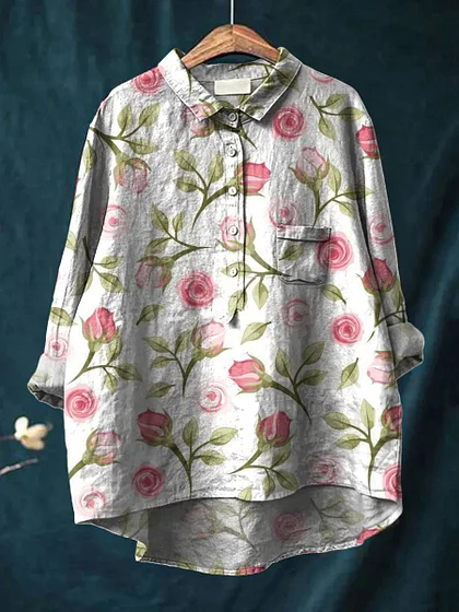 Women's Abstract Print Art Casual Cotton And Linen Shirt