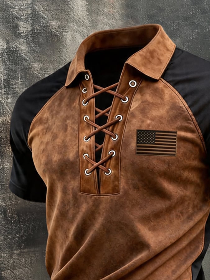 Men's Retro Patriotic Color-Block Printed Short-Sleeve Polo Shirt