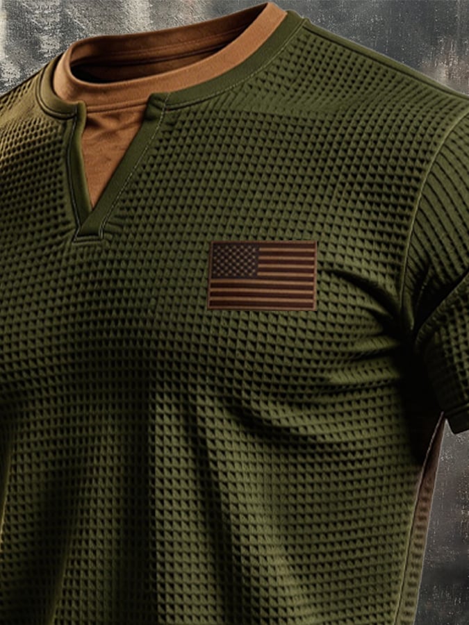 Men's Retro Knitted Waffle-Knit Double-Layer Contrast T-Shirt