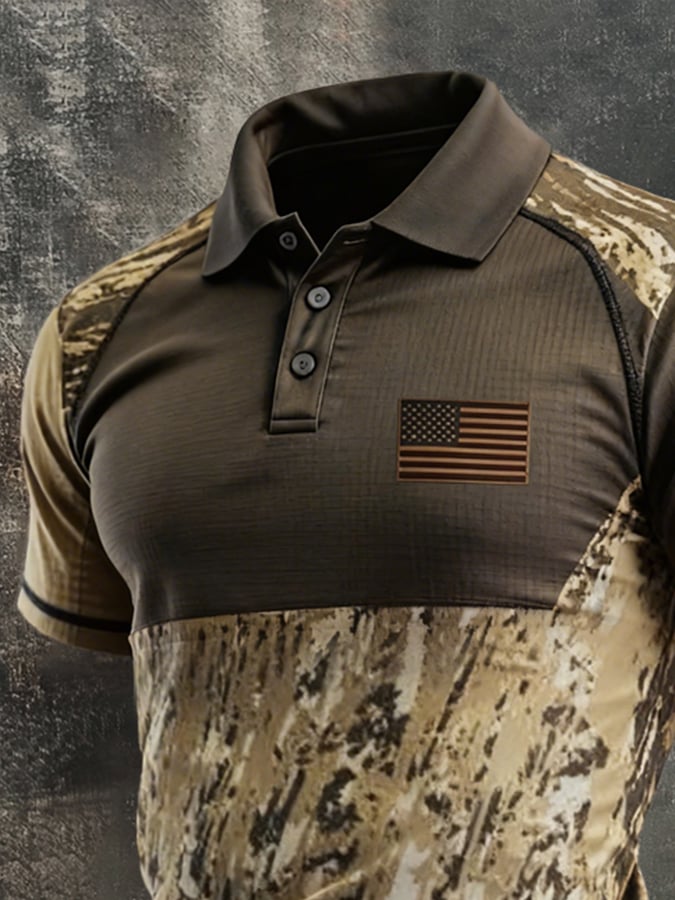 Men's Retro Patriotic Color-Block Short-Sleeve Polo Shirt