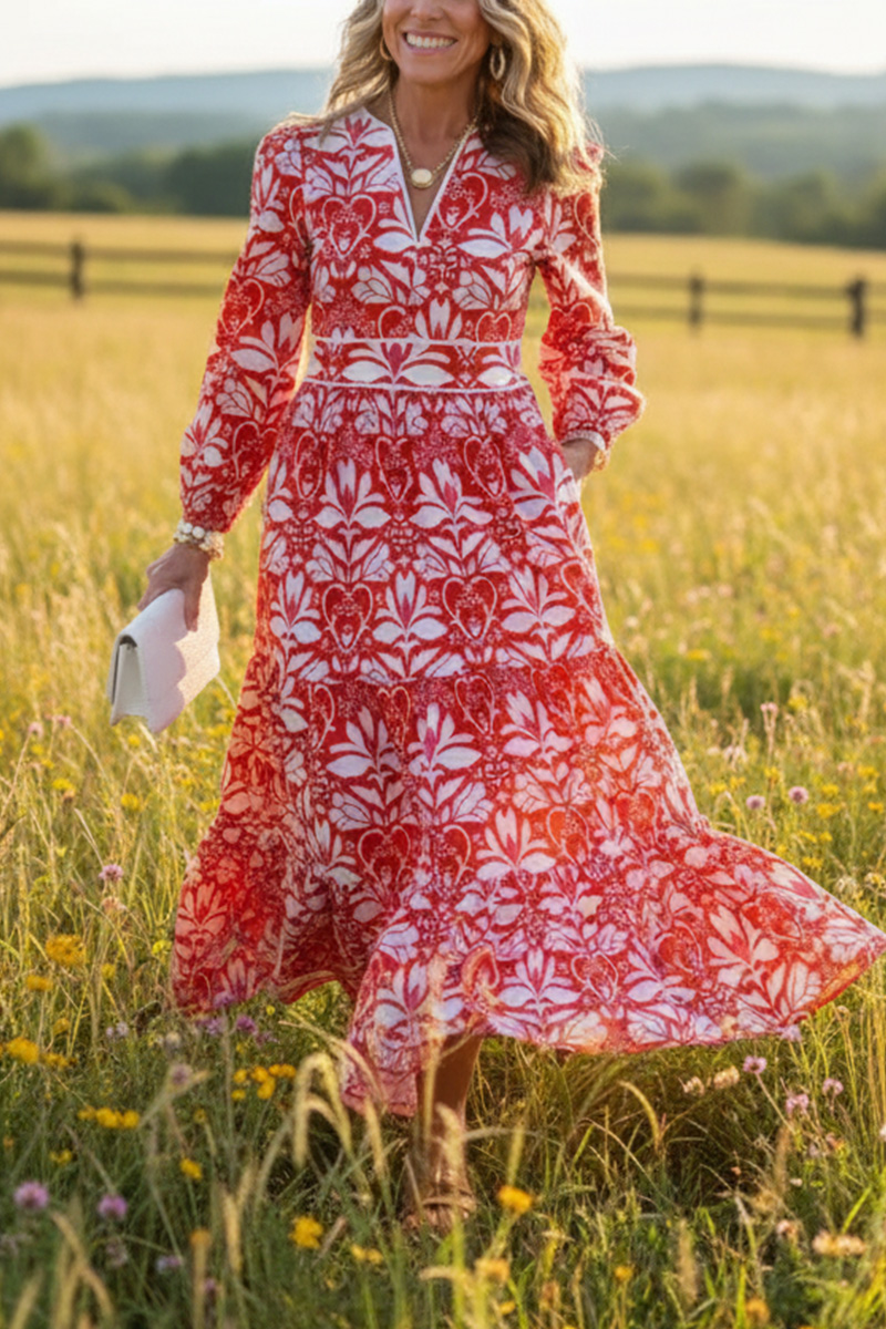 NEW🔥 Spring Long Sleeve V Neck Printed Party Dress