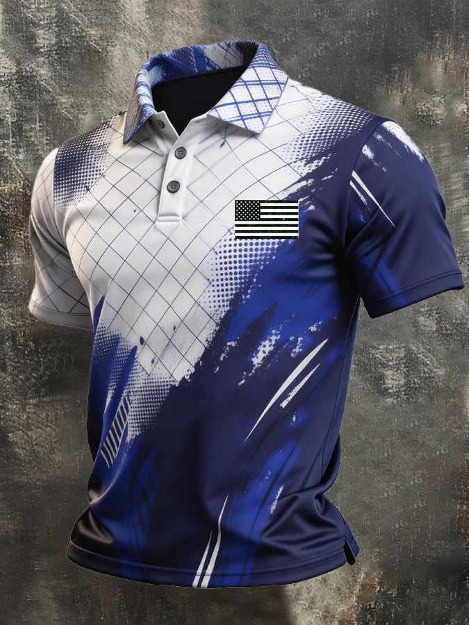 Men's Retro Patriotic Color-Block Short-Sleeve Polo Shirt