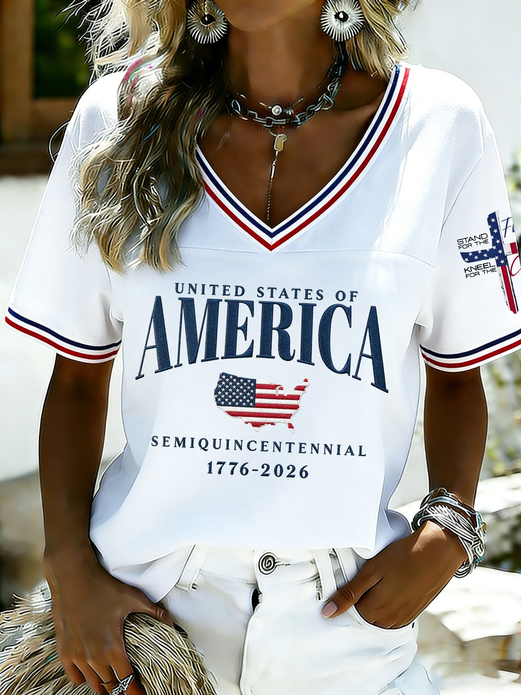 Women's U.S. 250th Anniversary Commemorative Printed V-Neck Top