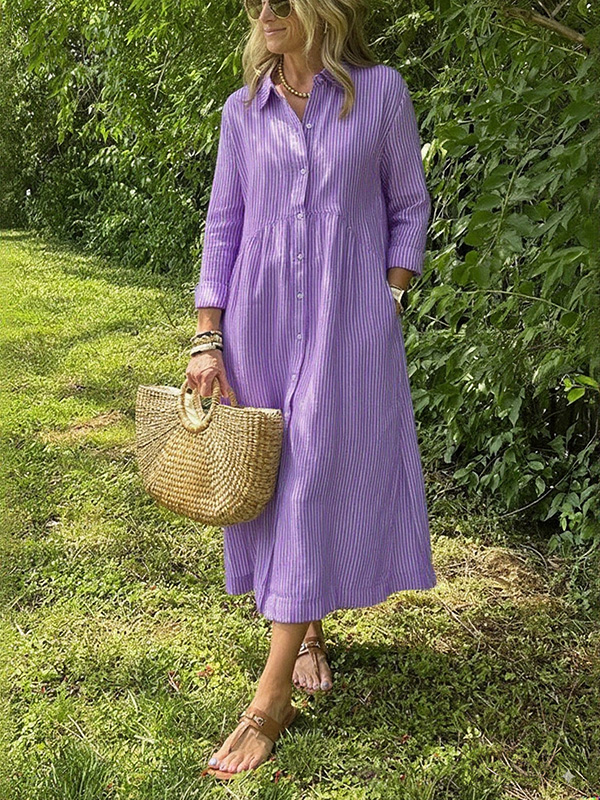 NEW🔥 Long Sleeve Striped Lapel Button Down Dress