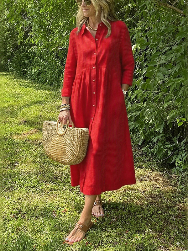 NEW🔥 Long Sleeve Striped Lapel Button Down Dress