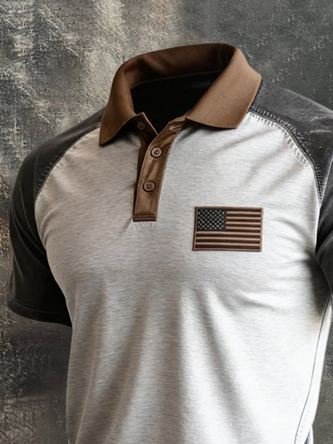 Men's Retro Patriot Color Block Polo Collar Short Sleeve