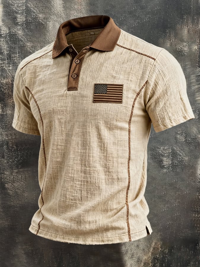 Men'S Retro Color-Block "Patriot" Polo-Collar Casual Cotton-Linen T-Shirt