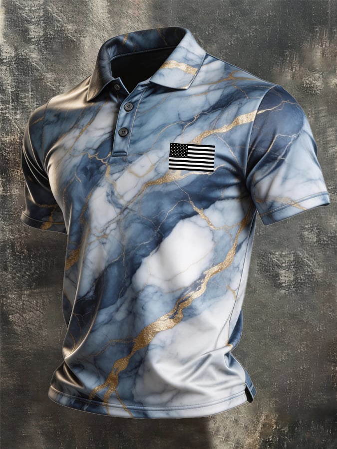 Men's Retro Patriotic Color-Block Short-Sleeve Polo Shirt