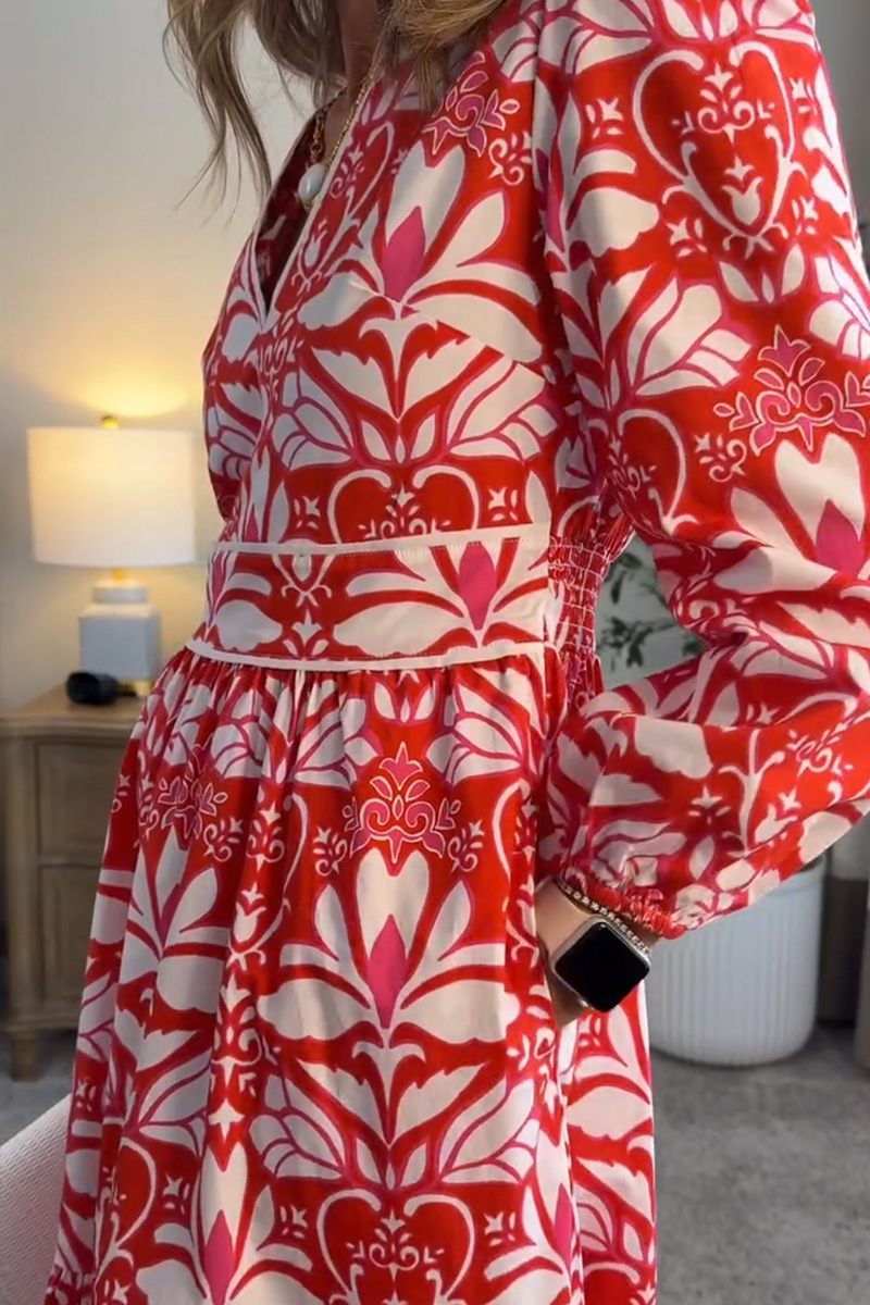 NEW🔥 Spring Long Sleeve V Neck Printed Party Dress
