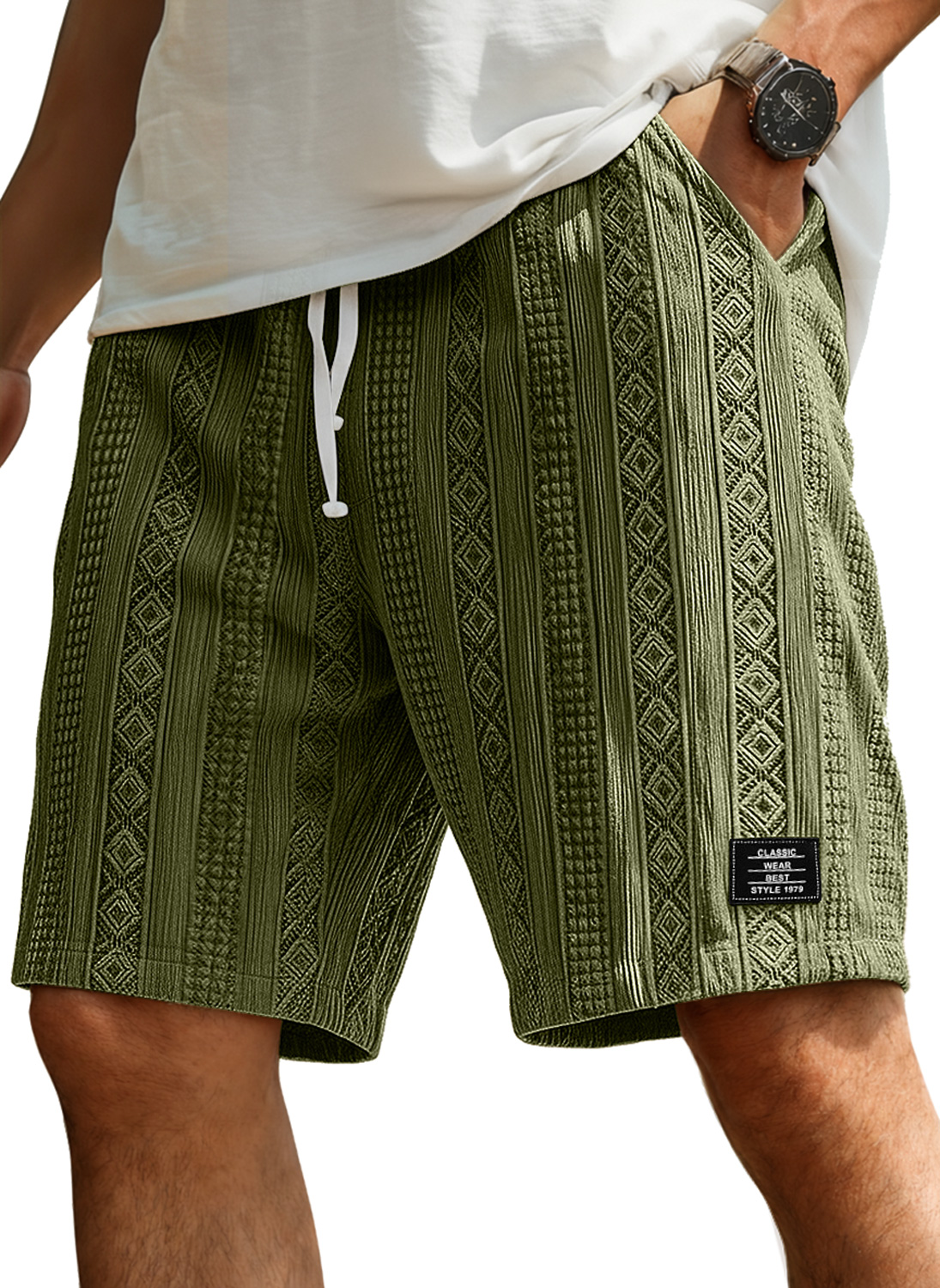 Men's Casual Jacquard Textured Shorts With Embroidered Logo And Elastic Waistband