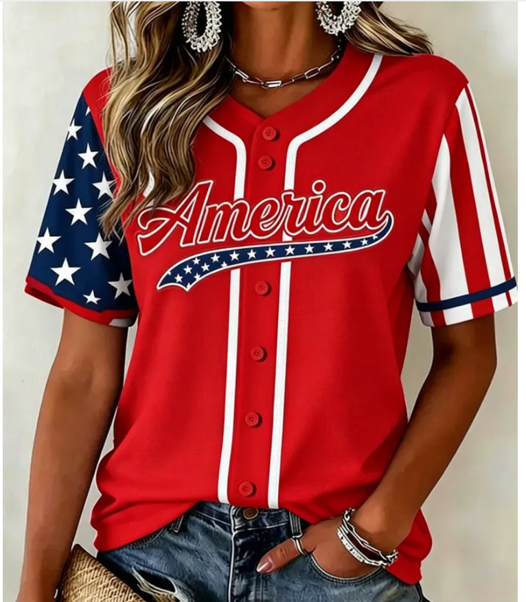 Women'S  American Baseball Print V-Neck Button-Up Shirt