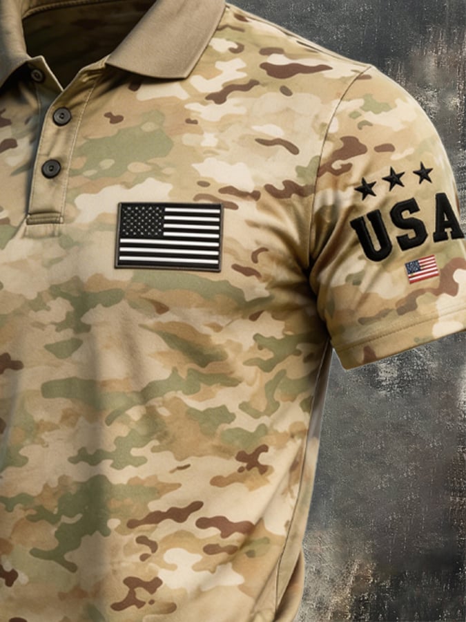 Men's Retro Patriotic Color-Block Short-Sleeve Polo Shirt