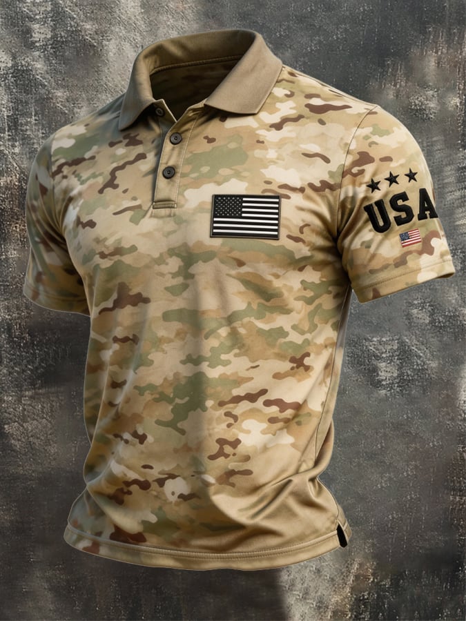 Men's Retro Patriotic Color-Block Short-Sleeve Polo Shirt