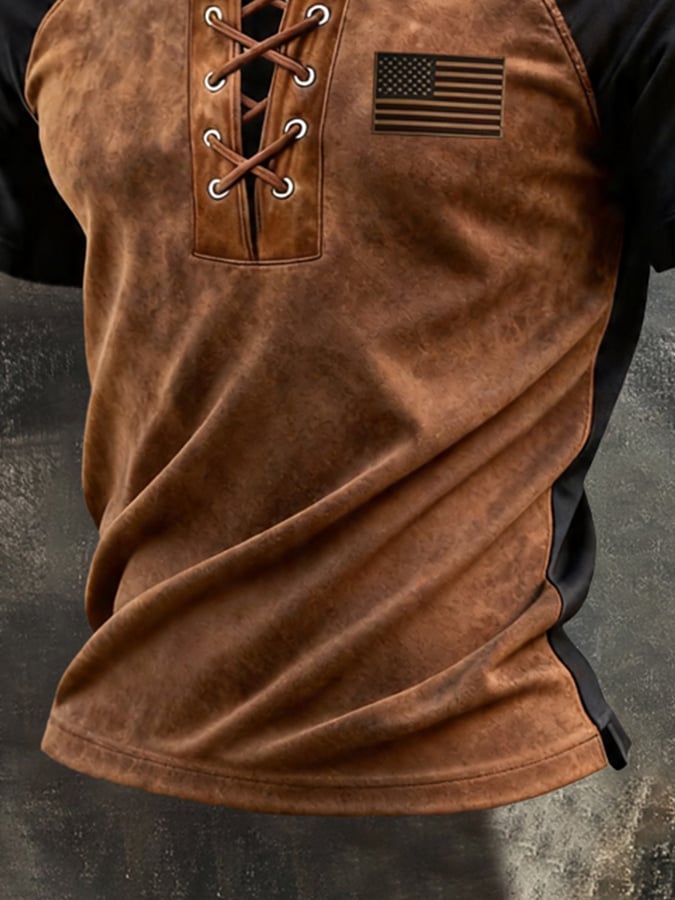 Men's Retro Patriotic Color-Block Printed Short-Sleeve Polo Shirt