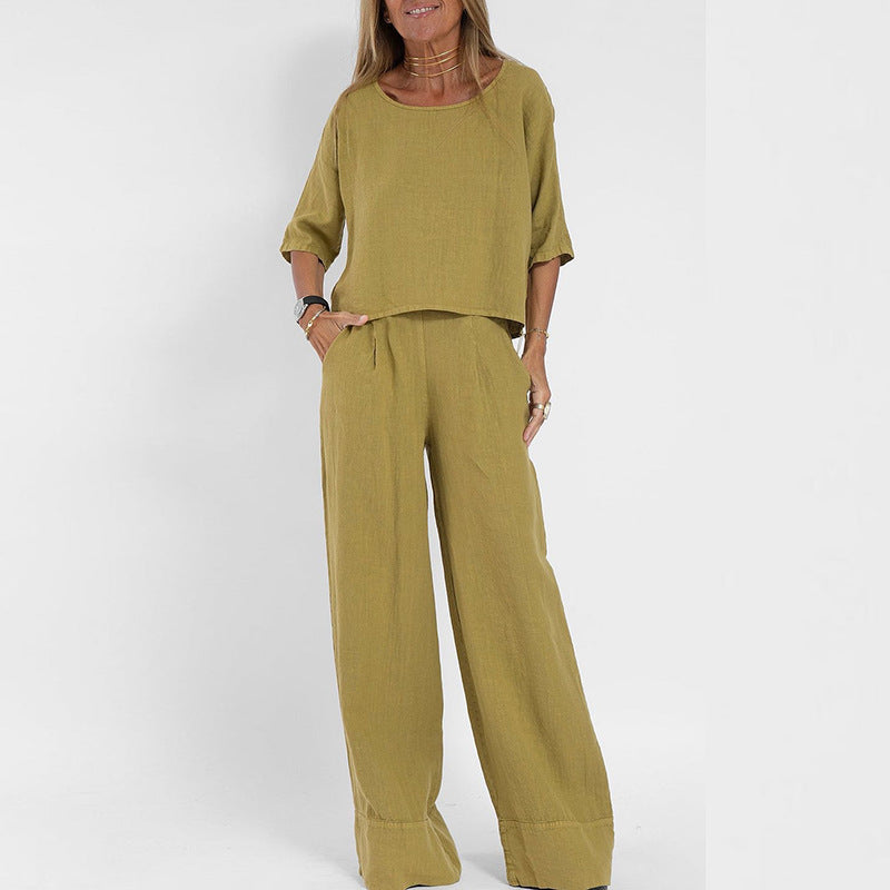 Relaxed Linen Two-Piece Set with Loose Top and Wide-Leg Pants