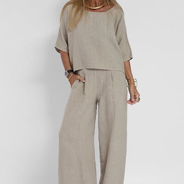 Relaxed Linen Two-Piece Set with Loose Top and Wide-Leg Pants