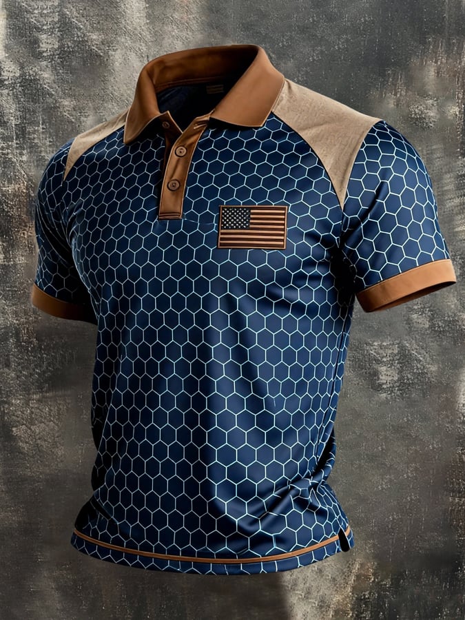 Men's Retro Patriotic Color-Block Short-Sleeve Polo Shirt