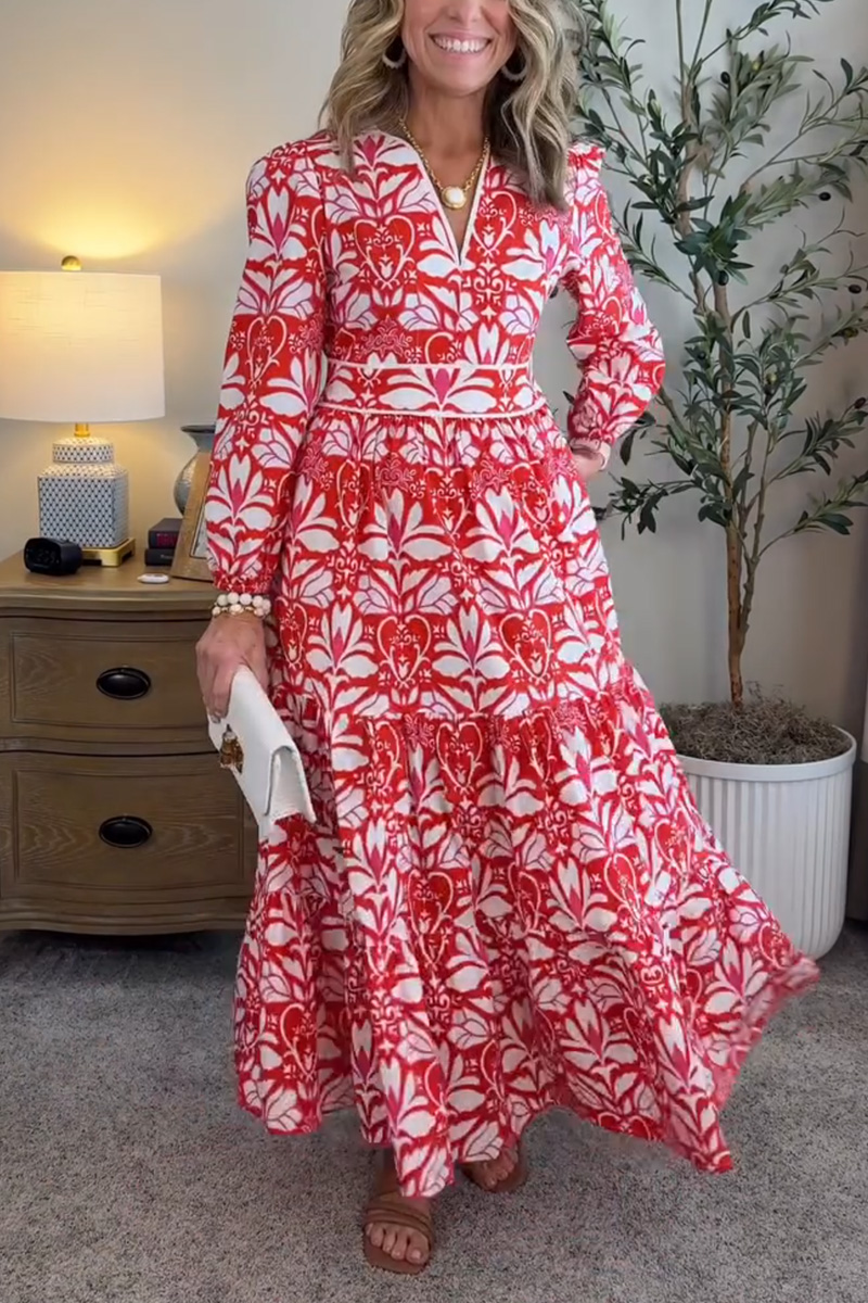 NEW🔥 Spring Long Sleeve V Neck Printed Party Dress