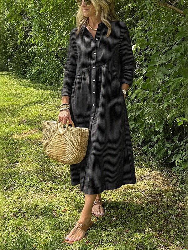 NEW🔥 Long Sleeve Striped Lapel Button Down Dress