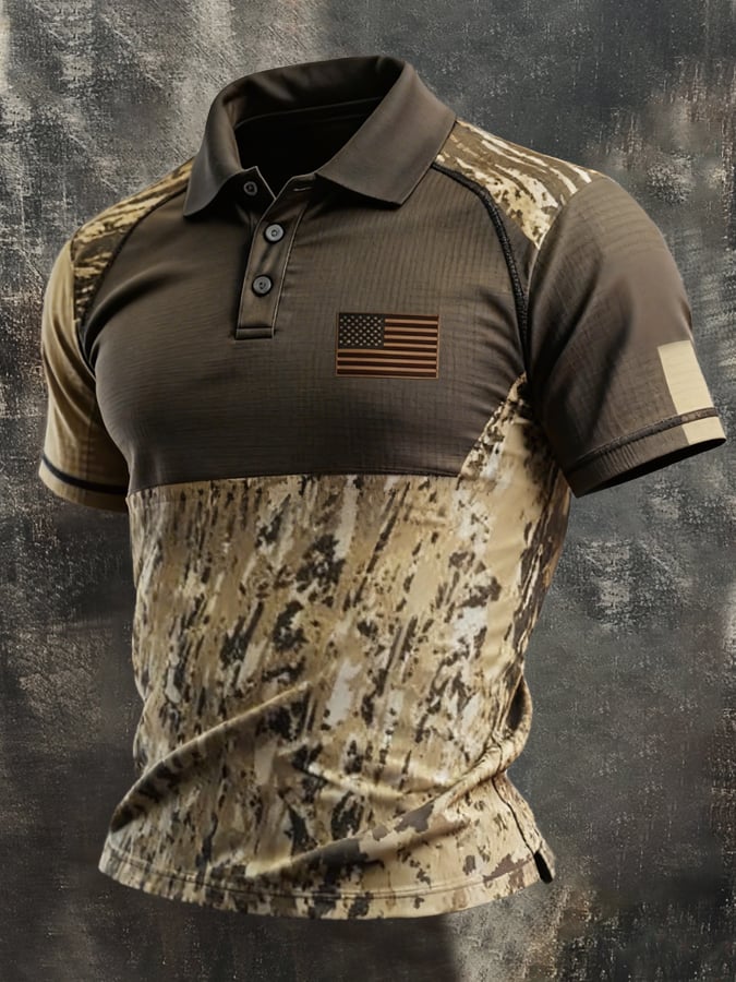Men's Retro Patriotic Color-Block Short-Sleeve Polo Shirt