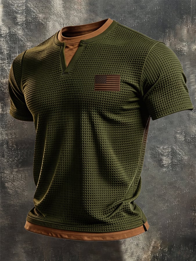 Men's Retro Knitted Waffle-Knit Double-Layer Contrast T-Shirt