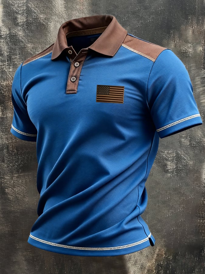 Men's Retro Patriotic Color-Block Short-Sleeve Polo Shirt