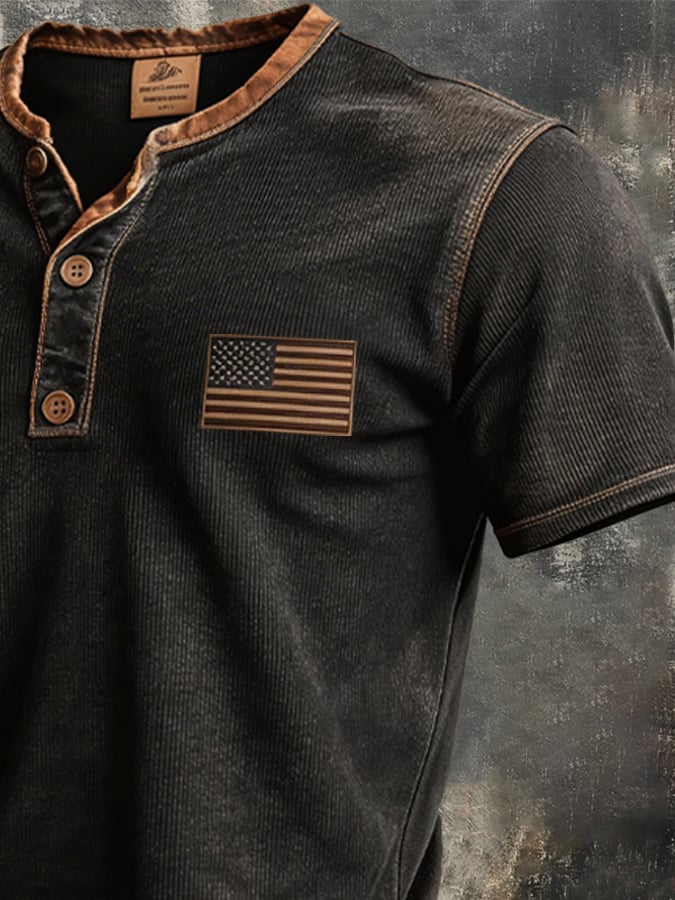 Men's Retro Color Block Knit Ribbed Patriot Henry T-Shirt