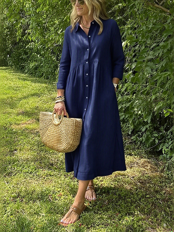 NEW🔥 Long Sleeve Striped Lapel Button Down Dress