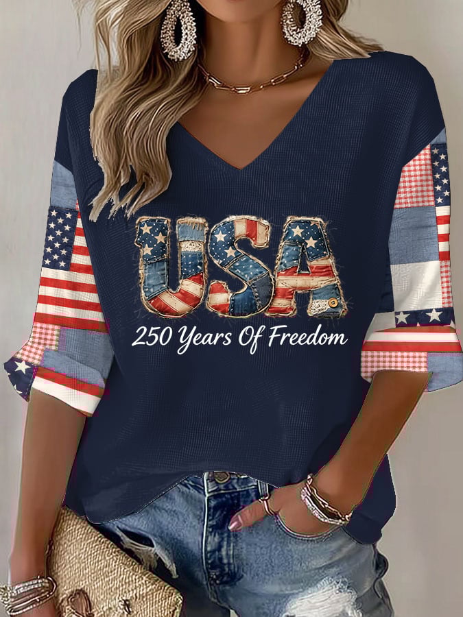 Women's 250 Years Of Freedom Print V Neck Top