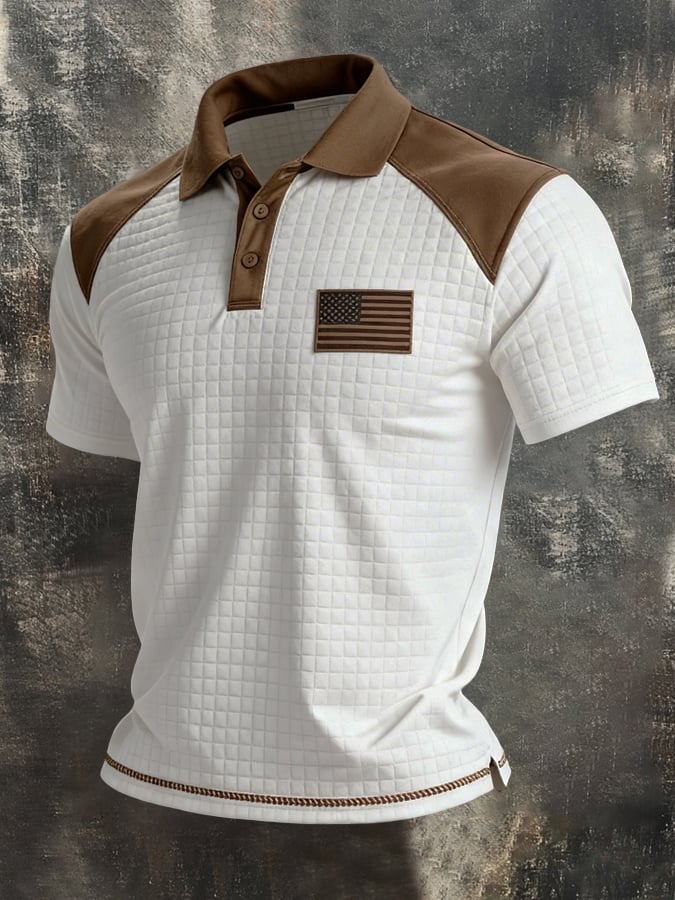 Men's Retro Color-Block "Patriot" Polo-Collar Casual Short-Sleeve T-Shirt