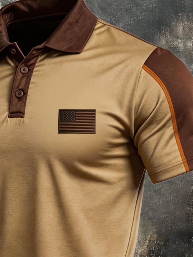 Men's Retro Patriotic Color-Block Short-Sleeve Polo Shirt