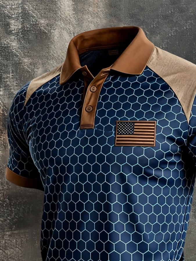 Men's Retro Patriotic Color-Block Short-Sleeve Polo Shirt