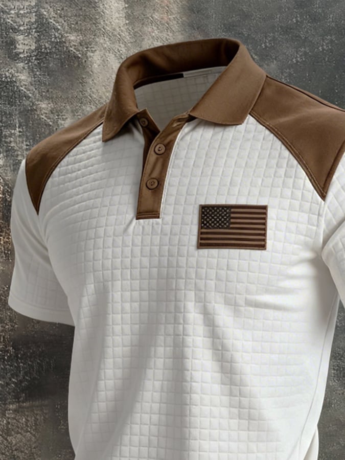 Men's Retro Color-Block "Patriot" Polo-Collar Casual Short-Sleeve T-Shirt