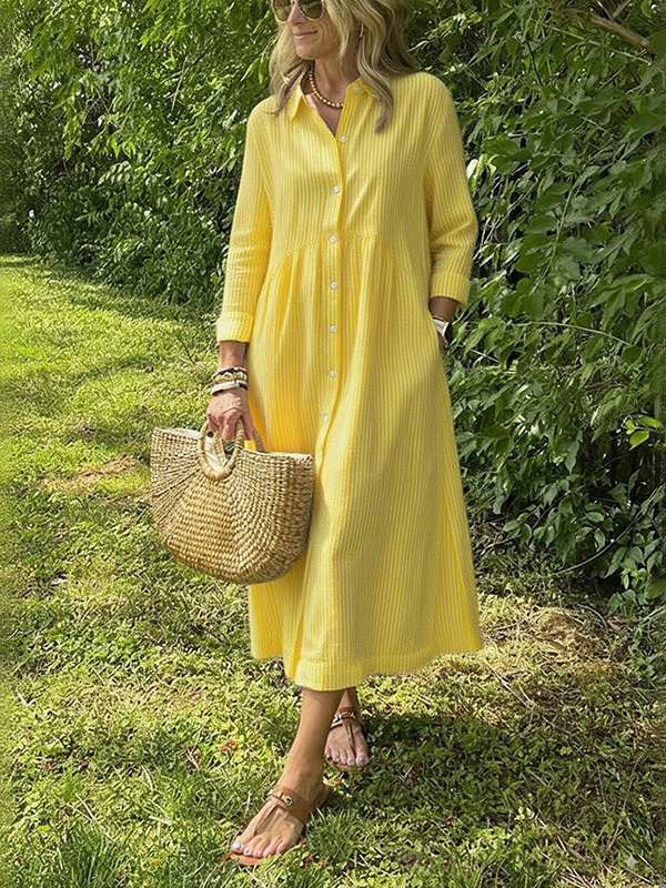 NEW🔥 Long Sleeve Striped Lapel Button Down Dress