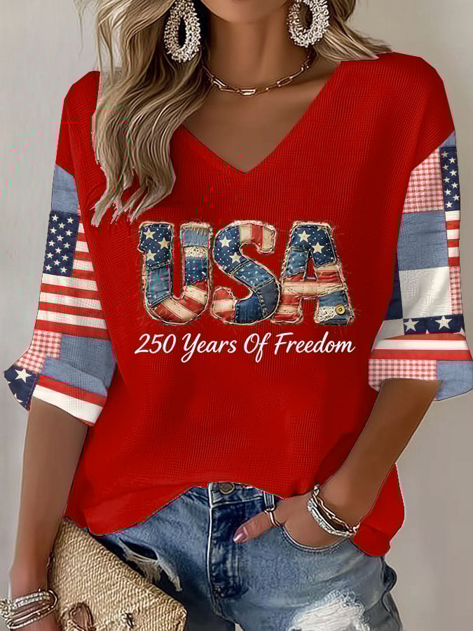 Women's 250 Years Of Freedom Print V Neck Top