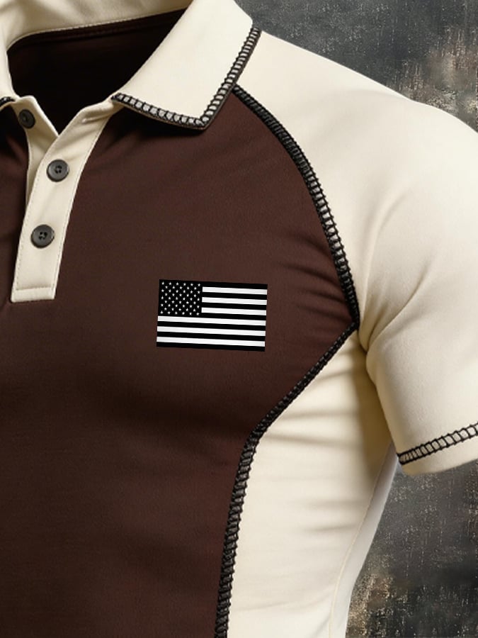 Men's Retro Patriotic Color-Block Short-Sleeve Polo Shirt