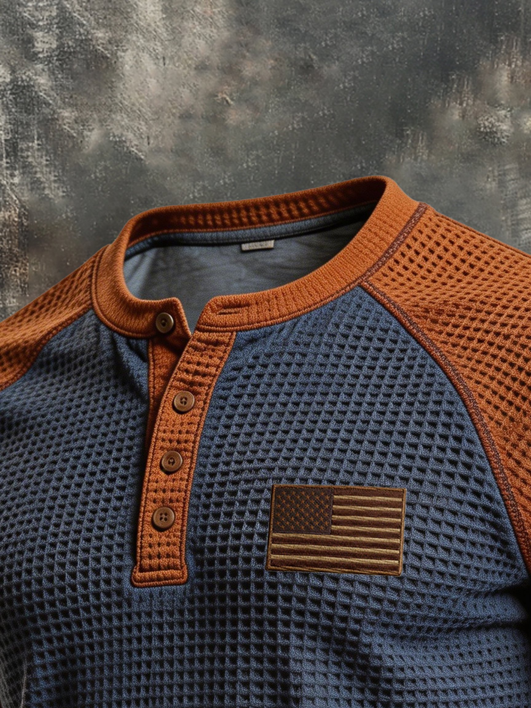 Men's Retro Patriotic Waffle-Knit Color-Block Short-Sleeve Henley T-Shirt