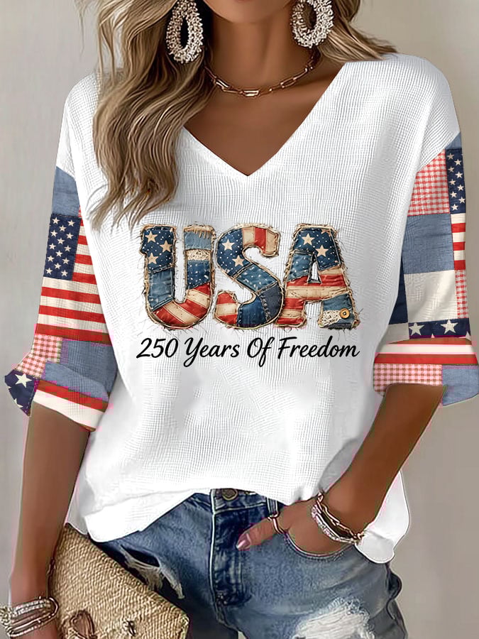 Women's 250 Years Of Freedom Print V Neck Top