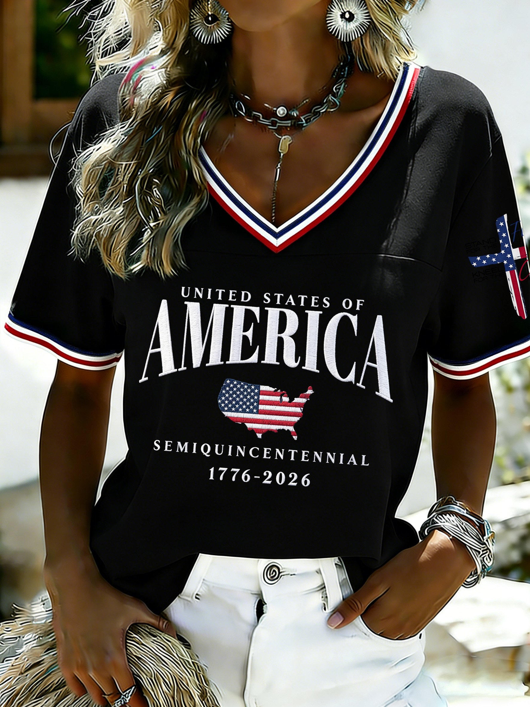 Women's U.S. 250th Anniversary Commemorative Printed V-Neck Top