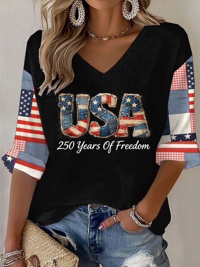 Women's 250 Years Of Freedom Print V Neck Top