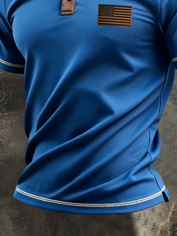 Men's Retro Patriotic Color-Block Short-Sleeve Polo Shirt