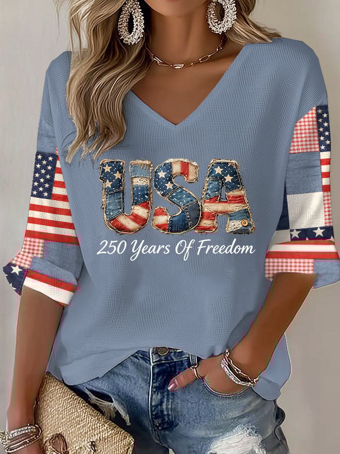 Women's 250 Years Of Freedom Print V Neck Top