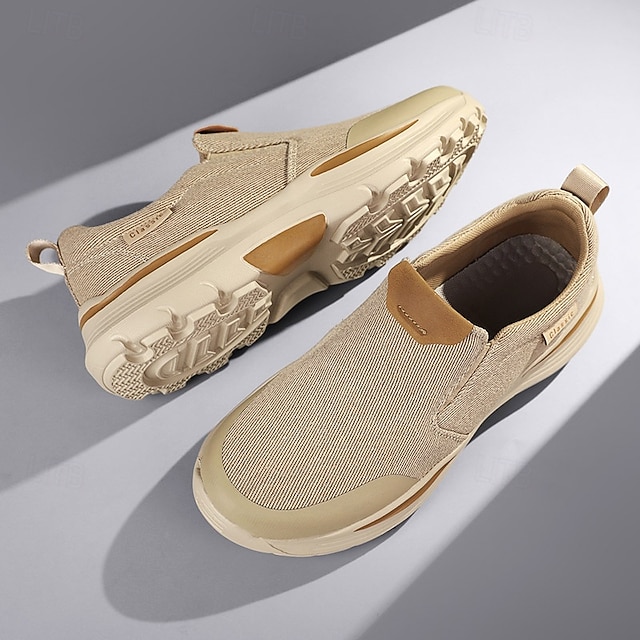 Men's Slip-On Beige Walking Shoes with Cushioned Sole – Comfortable and Breathable Sports Sneakers for Casual Wear and Outdoor Activities