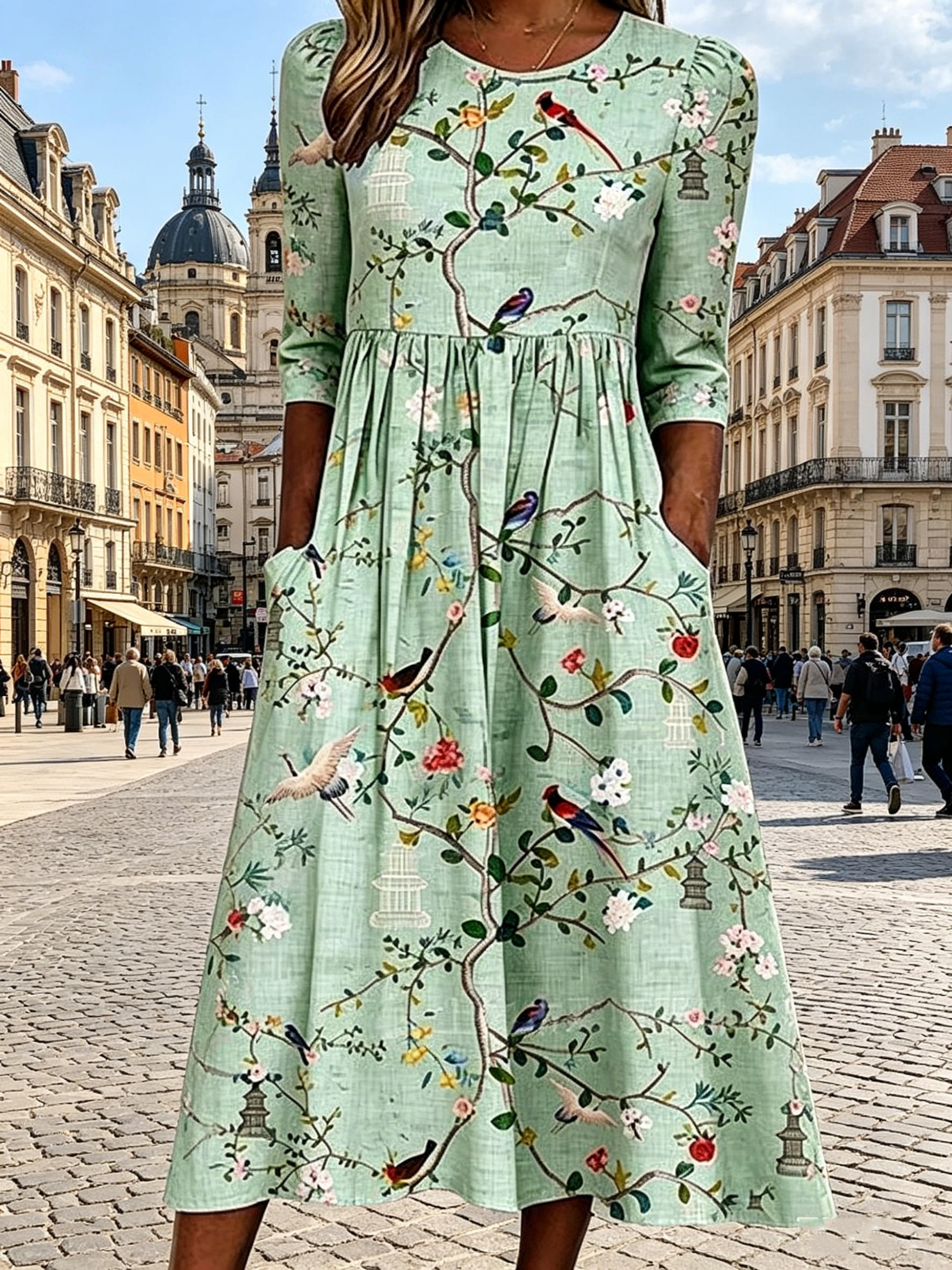 Langes Kleid mit Blumenmuster im Urlaubsstil, lässig, vielseitig, Rundhalsausschnitt, lang