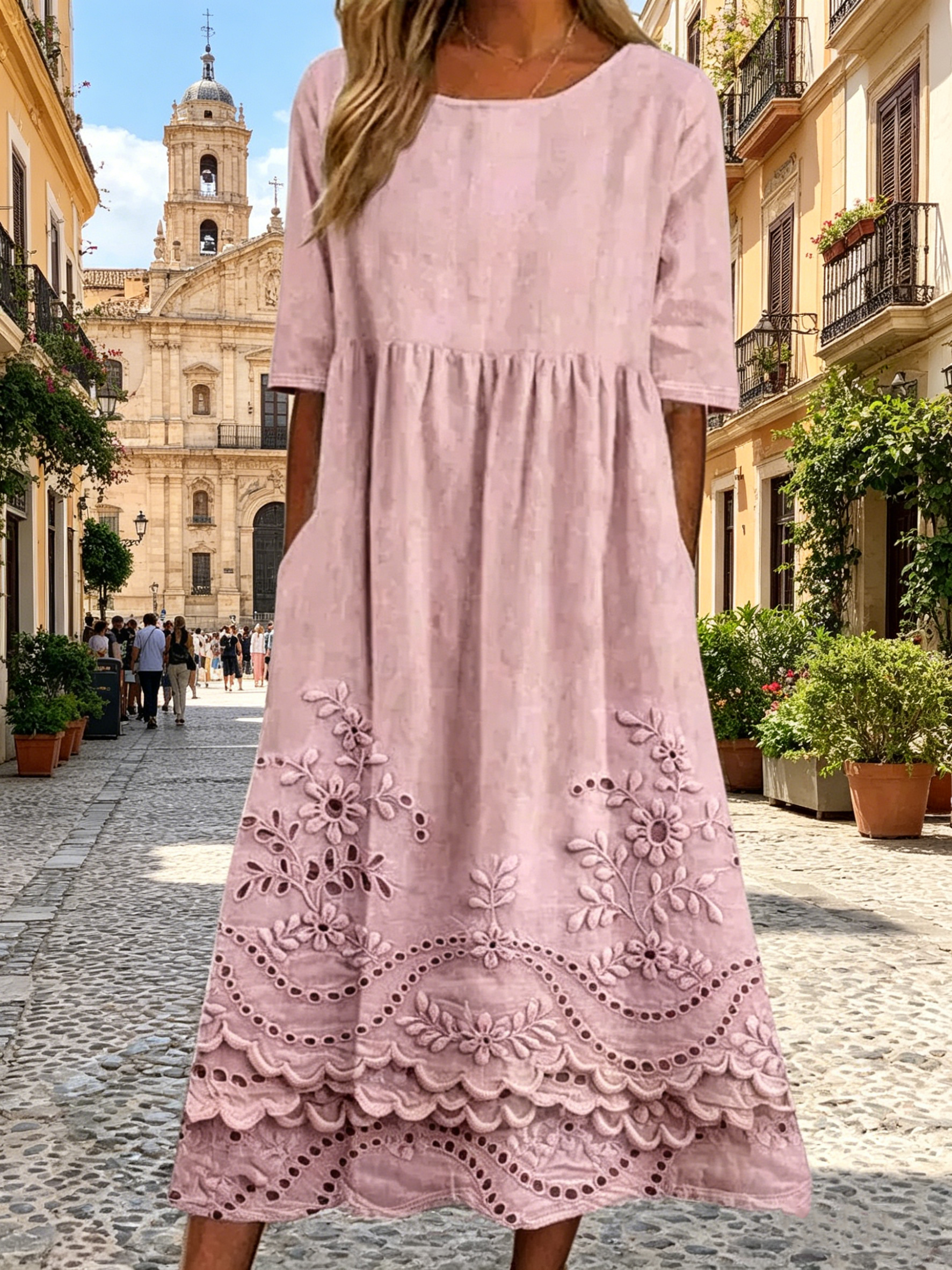 Langes Kleid mit Blumenmuster im Urlaubsstil, lässig, vielseitig, Rundhalsausschnitt, lang