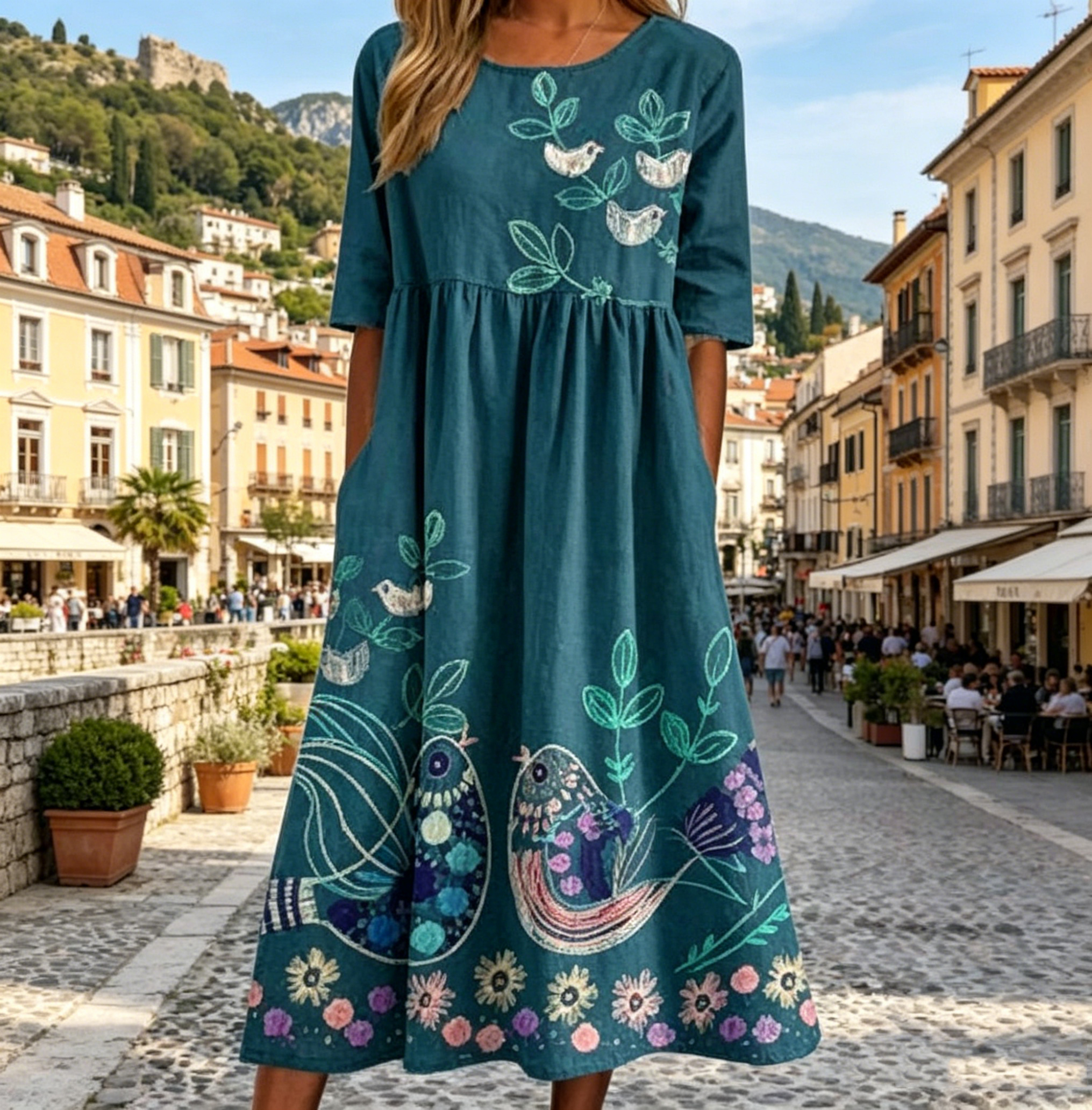 Langes Kleid mit Blumenmuster im Urlaubsstil, lässig, vielseitig, Rundhalsausschnitt, lang